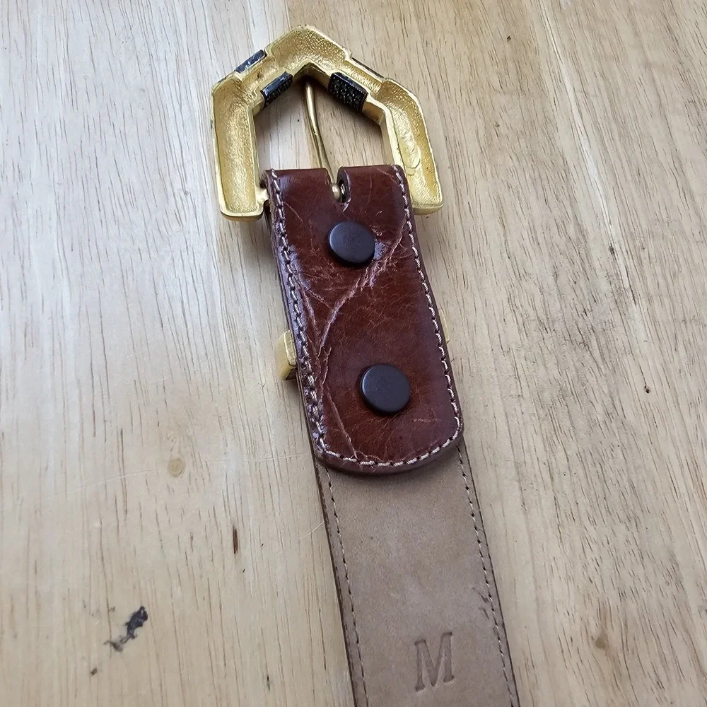 JUDITH JACK Womens Brown Leather Belt‎ MADE IN USA Size Medium Gold Buckle
